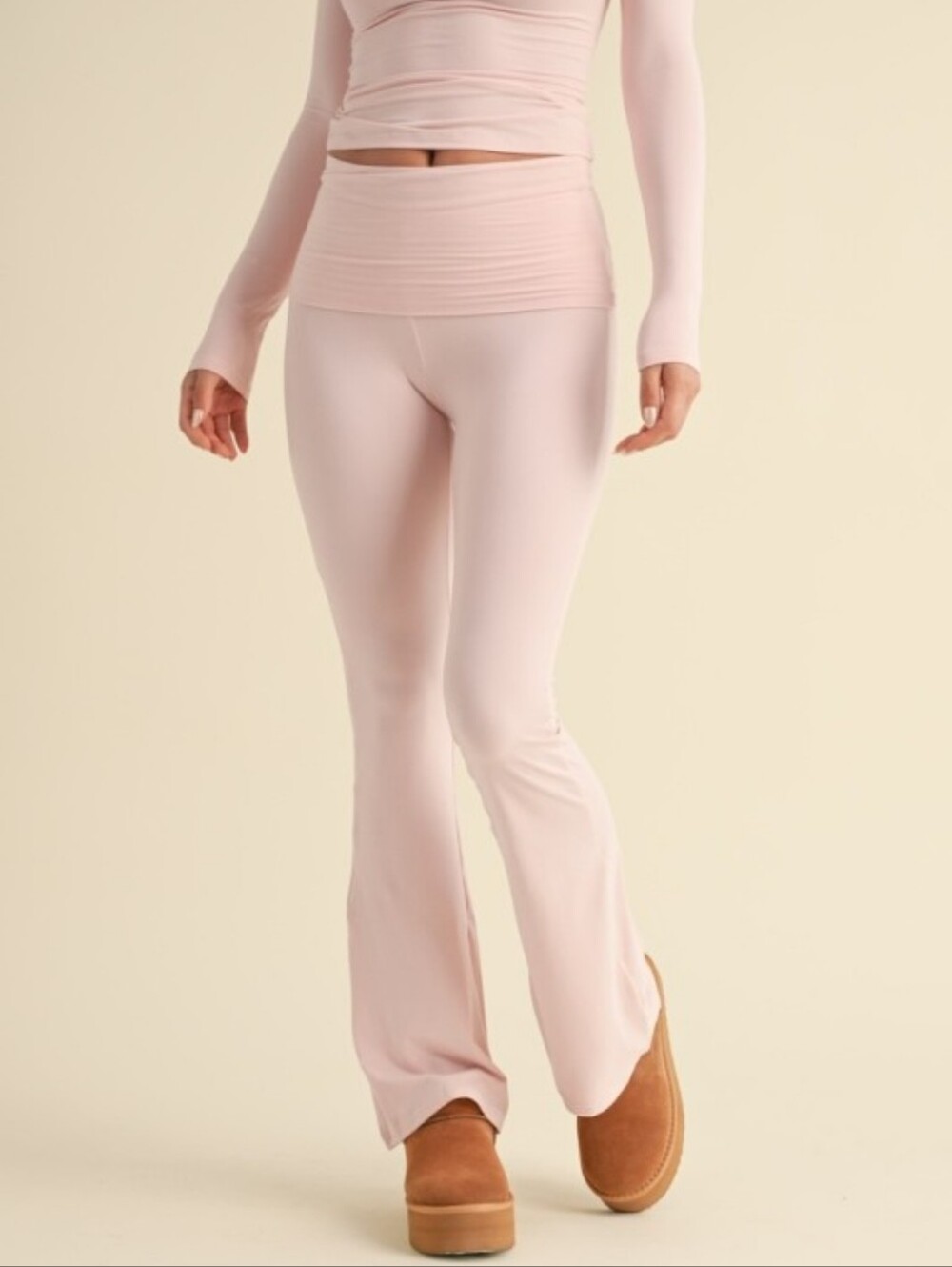 Soft Pink Fold Over Flare Leggings - Picture 3 of 6